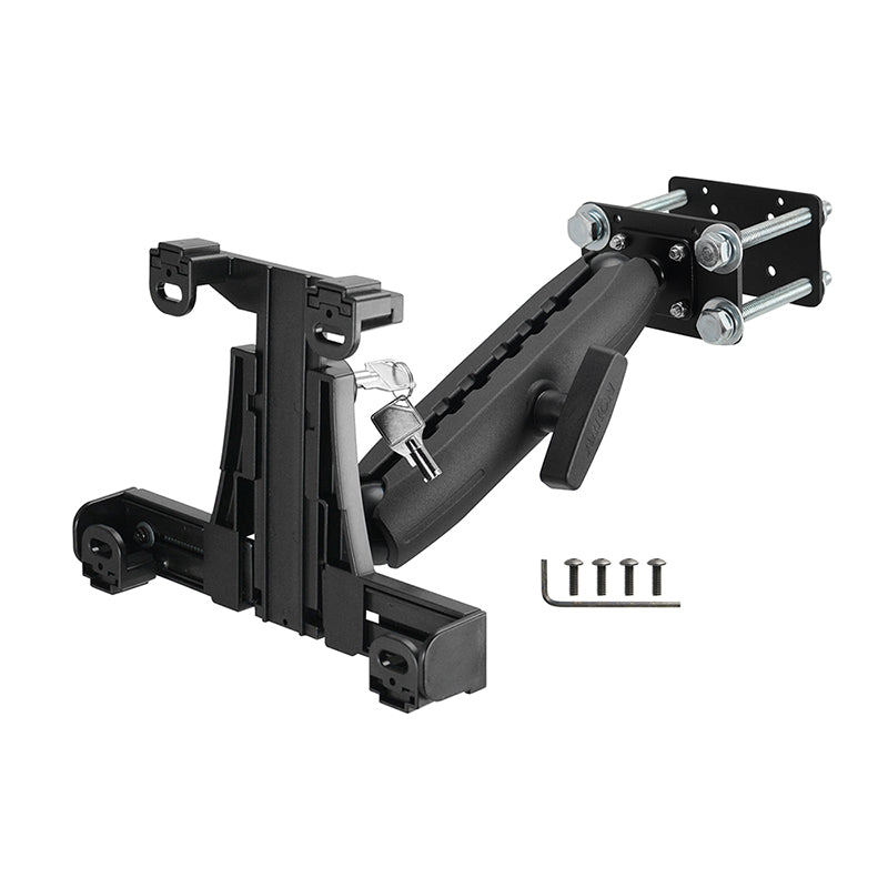The LockVise™ Locking Forklift Front Guard Tablet Mount with a 10.25 Metal Robust™ Shaft features a black adjustable wall bracket, locking mechanism, screws, and Allen wrench for secure tablet installation in tough environments.