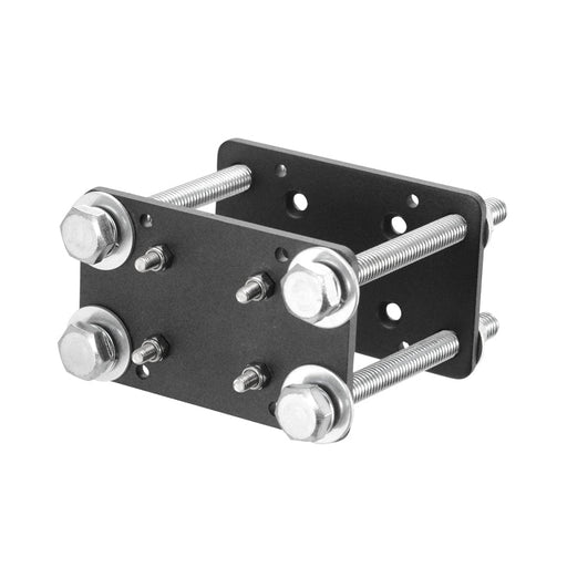 The Forklift Front Guard Mount features rectangular black heavy-duty steel plates with four large corner bolts and nuts, connected by metal rods and smaller bolts on each plate. Ideal for use as a forklift front guard or other warehouse vehicle accessories.