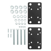 The Forklift Front Guard Mount includes two black heavy-duty steel plates with multiple holes, bolts, washers, and nuts—ideal accessories for secure forklift mount installation. All components are neatly displayed on a white background.