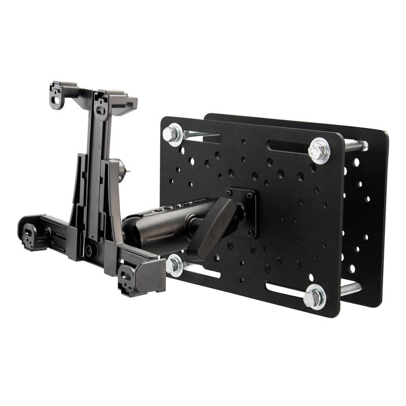 The LockVise™ Locking Forklift Overhead Guard Tablet Mount with Robust™ Adjustable Arm features multiple holes and slots for versatile mounting, along with a swivel arm and locking holder to securely attach tablets in warehouse environments.