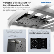 The Forklift Overhead Guard Mount is a heavy-duty steel plate that attaches securely to forklifts, compatible with 4-hole AMPS and VESA 75/100 mounts—ideal for adaptable warehouse vehicle installations.