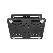 The Forklift Overhead Guard Mount is a black metal bracket with multiple holes and four corner screws, seen from the front. Heavy-duty steel plates form the mount, with two parallel rods at the top for added support.