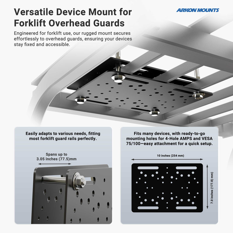 The Forklift Overhead Guard Mount - 57mm Ball Compatible is a black metal accessory that attaches to the overhead guard. Adjustable fit and a 57mm mounting plate with multiple holes allow secure installation of various devices. Insets show key features.