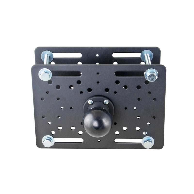 The Forklift Overhead Guard Mount - 57mm Ball Compatible is a black metal mounting plate with multiple holes, bolts, and a central ball mount. Shown against a white background, it offers versatile mounting options for warehouse vehicles.