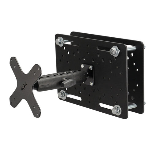 The Forklift Overhead Guard VESA Mount with 6 Metal Shaft is a sturdy, black adjustable wall bracket for monitors or TVs, featuring an extendable arm and a VESA-compatible plate like those on warehouse vehicle mounts.