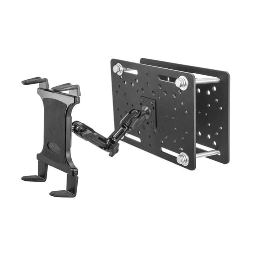 The Forklift Slim-Grip® Tablet Mount features a black adjustable holder and mounting arm on a perforated metal plate, ideal for warehouse tablet use or surface installation.