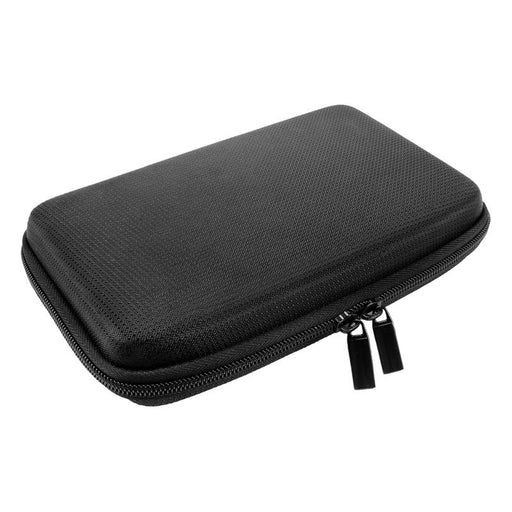 A black, rectangular GPS case for Garmin, Magellan, and TomTom devices (5–7 inch screens), featuring a padded hard shell with textured surface and dual zipper pulls, shown closed on a white background.