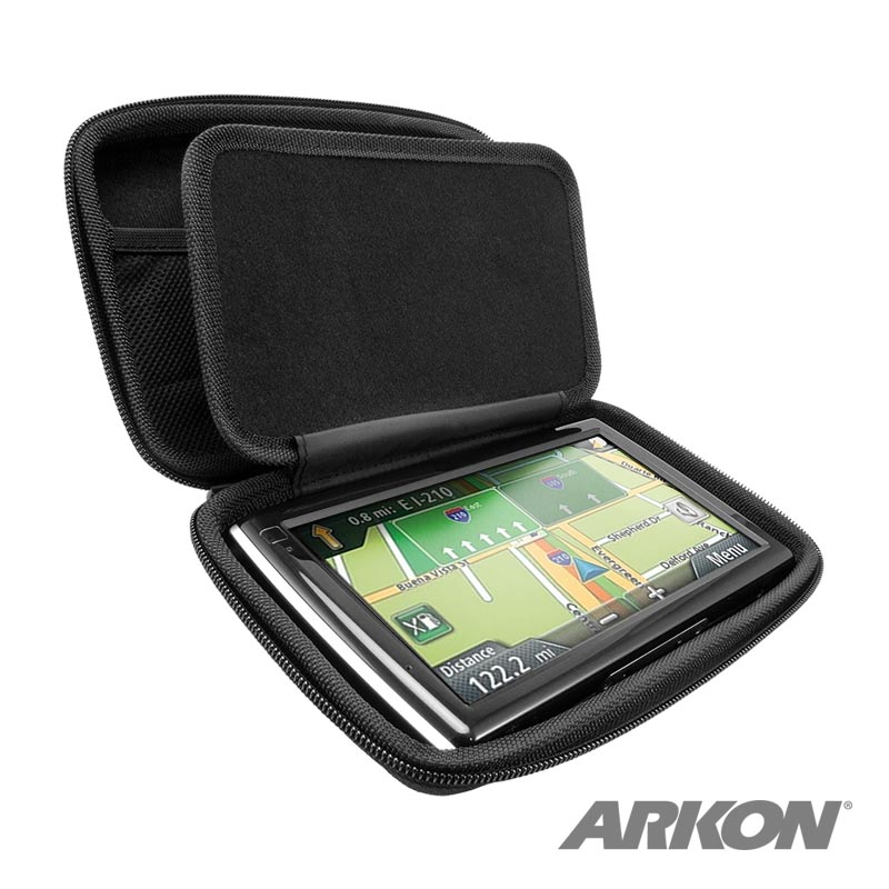 A black padded GPS Case for Garmin, Magellan, and TomTom (5-7 screens) is open to reveal a GPS device displaying a colorful map; the ARKON logo is visible in the bottom right corner of the screen.