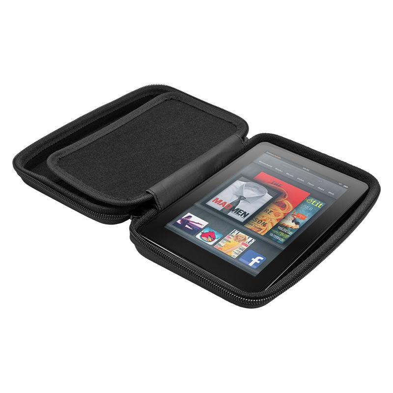 A black padded hard shell GPS Case for Garmin, Magellan, and TomTom (5–7 screens) holds an open tablet displaying colorful apps and book covers. The case is shown on a white background.