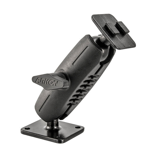 The ARKON Heavy-Duty 4-Hole AMPS Car Dash or Wall Mounting Pedestal features a black adjustable arm with locking knobs, square base, and flat plate for device attachment. Compatible with Dual-T setups and AMPS mounts.