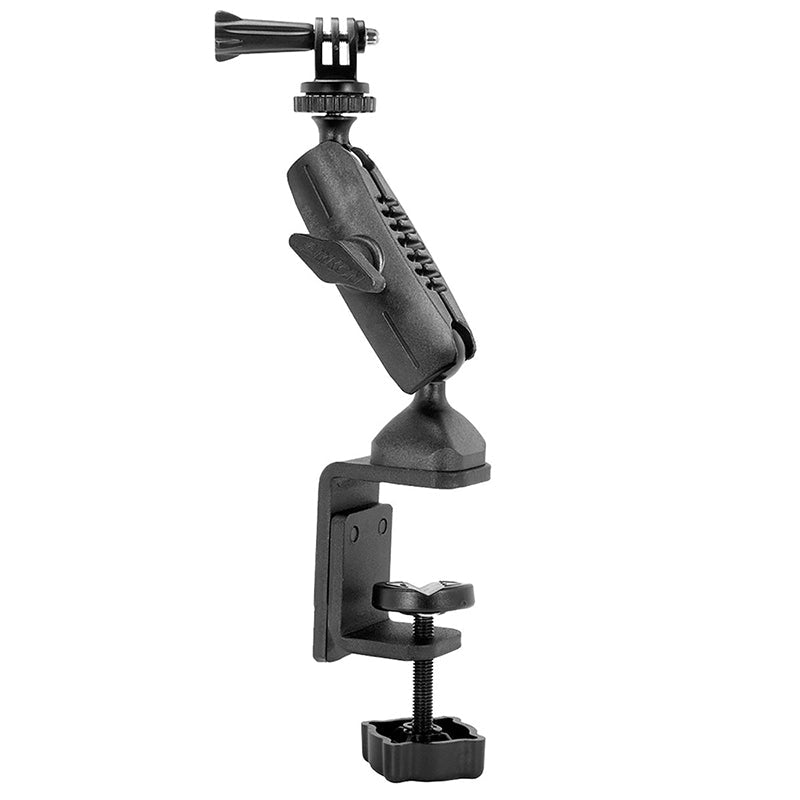 The Heavy-Duty Adjustable Clamp Mount for GoPro HERO Action Cameras is a black, sturdy clamp mount with a swiveling arm and screw mechanism for attaching to tables or poles, featuring a GoPro connector—perfect for live streaming setups.