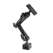 The Heavy Duty Aluminum Car Headrest Mount with 4-Hole AMPS Head features a black adjustable articulating arm with three pivot joints, locking knobs, and a flat 4-hole AMPS plate—ideal for mounting cameras or accessories for backseat entertainment.