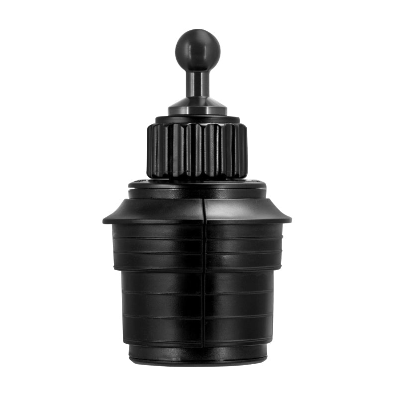 The Heavy Duty Car Cup Holder Mount - 20mm Ball Compatible is a black, cylindrical, ribbed plastic mount with a rounded knob and ridged top section, shown against a white background.