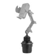 The Heavy Duty Car Cup Holder Mount - 20mm Ball Compatible, in black, features an adjustable flexible arm with multiple joints and a strong pedestal. Its open phone holder and 20mm ball head offer versatile positioning for your device.
