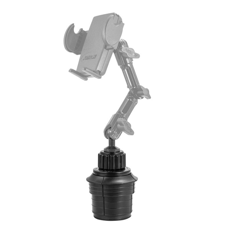The Heavy Duty Car Cup Holder Mount - 20mm Ball Compatible, in black, features an adjustable flexible arm with multiple joints and a strong pedestal. Its open phone holder and 20mm ball head offer versatile positioning for your device.
