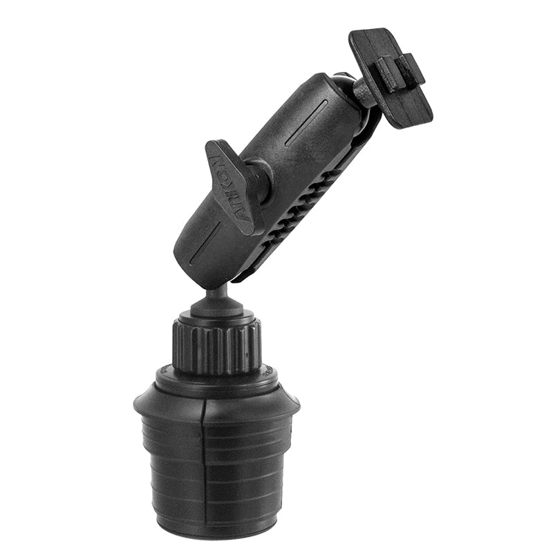 The Heavy Duty Car Cup Holder Mounting Pedestal - Dual-T Compatible is a black adjustable bracket with a grooved cylindrical base and pivoting arm, ideal for securing devices like universal tablet holders in your vehicle.