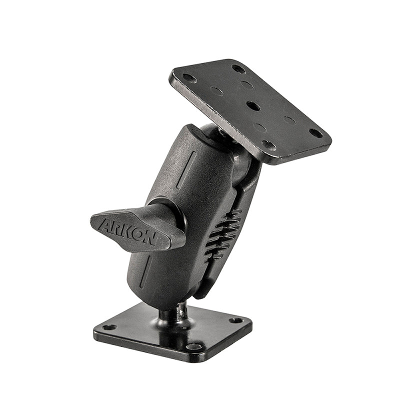 The Heavy-Duty Car Dash or Wall Mounting Pedestal features a black, adjustable design with a flat rectangular base and metal AMPS head, multiple screw holes, and a side knob for angle adjustment, isolated on a white background.