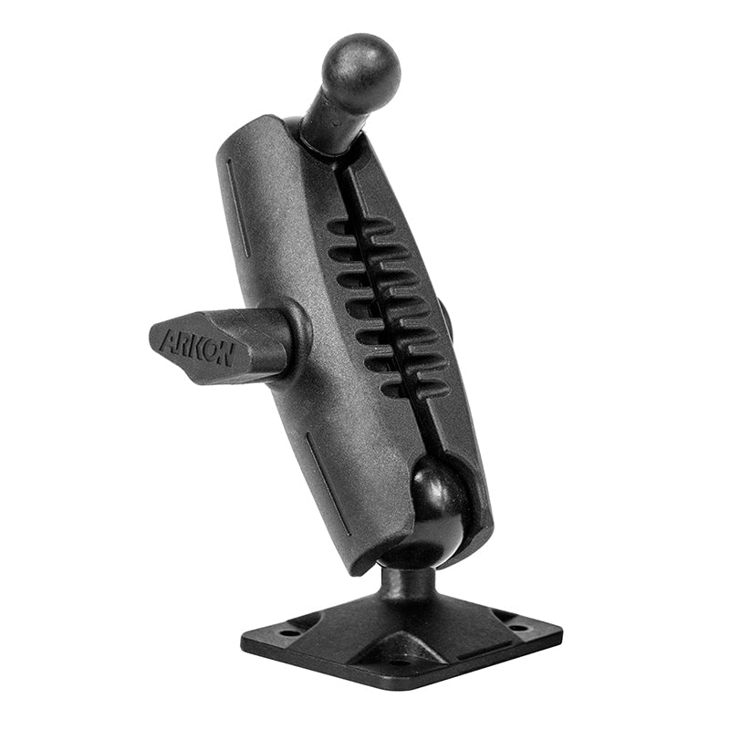 The Heavy-Duty Car or Wall Mounting Pedestal features a 4-hole AMPS drill base and a 17mm ball head with an adjustable ball-and-socket joint for securely attaching devices or accessories.
