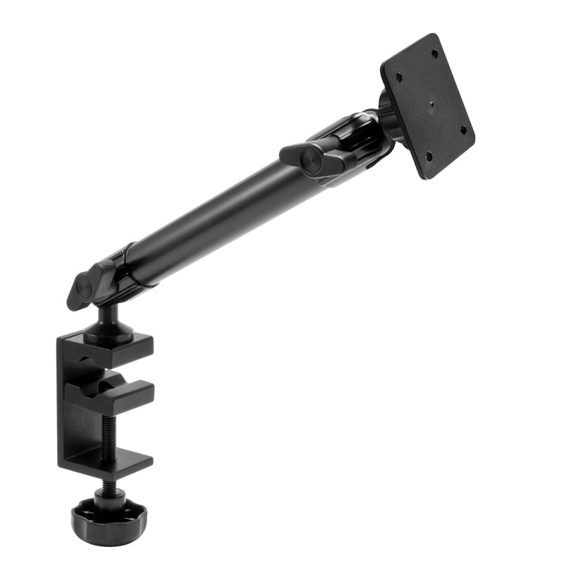 The Heavy-Duty Clamp Mounting Pedestal with 10 inch Arm features a secure table clamp, an extendable arm, and a flat 4-hole AMPS compatible mounting plate for holding your monitor.