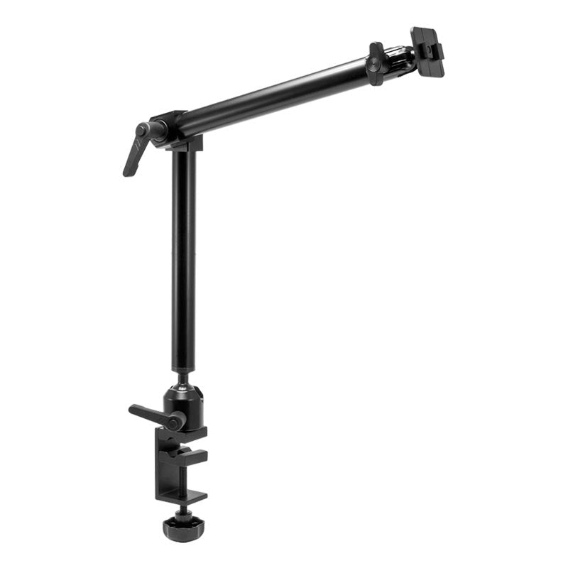The Heavy-Duty Clamp Mounting Pedestal with 22 Arm - Dual-T Compatible features a black adjustable arm and sturdy table clamp base, ideal for securely holding cameras, microphones, or lights on your desk or table.