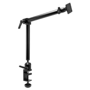 The Heavy-Duty Clamp Mounting Pedestal with 22 inch Arm features a black adjustable arm, multiple joints for flexible monitor positioning, a secure table clamp for desks, and a 4-hole AMPS compatible mounting plate.