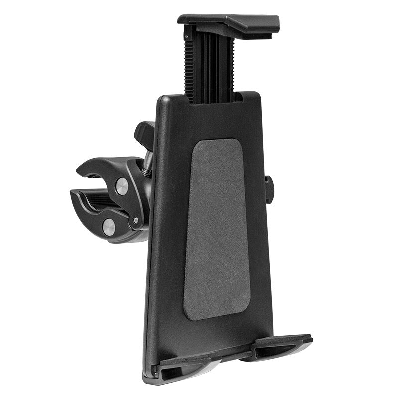 The Heavy-Duty Clamp Post Tablet Mount securely holds your iPad, Note, Tab, or phone to handlebars, poles, or mic stands with its black adjustable design and robust clamp attachment.