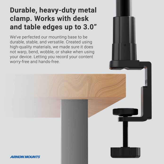 The Heavy-Duty Desk, Cart or Table Clamp Mounting Pedestal with 22 Flexible Gooseneck securely attaches to surfaces up to 3 thick, offering durable and stable mounting for devices on desks, carts, or tables.