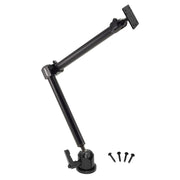 The Heavy-Duty Drill-Base Mount with 22 inch Arm features pivot joints for flexible positioning and a 4-Hole AMPS compatible plate. Includes four black installation screws positioned beside the black arm.