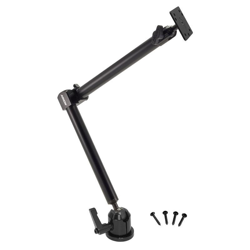 The Heavy-Duty Drill-Base Mount with 22 inch Arm features pivot joints for flexible positioning and a 4-Hole AMPS compatible plate. Includes four black installation screws positioned beside the black arm.
