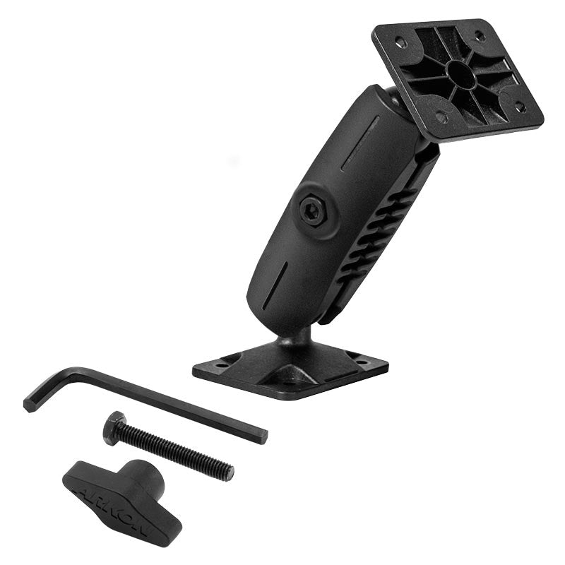 The Heavy-Duty Drill-Base Mount with Security Hardware and AMPS Head includes a black adjustable bracket, two base plates, a swivel joint, hex key, threaded bolt, and T-handle—all arranged on a white background.