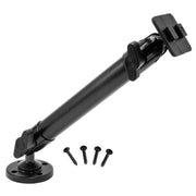 A Heavy-Duty Drill-Base Mounting Pedestal with 10 Arm - Dual-T Compatible is shown in black with a round base, rectangular attachment plate, and four screws beside the base on a white background.