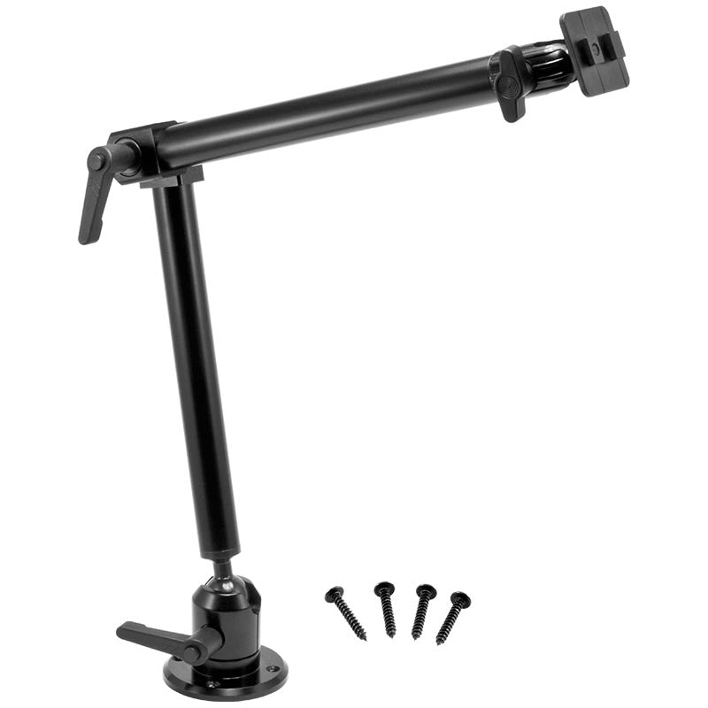 The Heavy-Duty Drill-Base Mounting Pedestal with 22 Arm - Dual-T Compatible features an adjustable black arm with joints and handles, a round base, and includes four black screws for secure installation of devices or equipment.