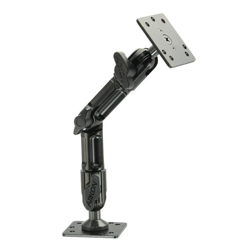 The Heavy-Duty Drill-Base Mounting Pedestal with 8 Multi-Angle Arm features jointed segments, flat plates, and a 4-hole AMPS mount for secure installation of tablets, devices, or monitors.