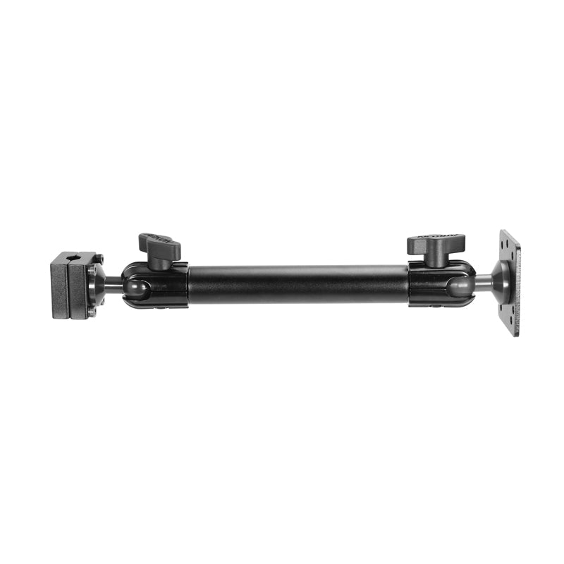 The Heavy-Duty Headrest Mount with 10 inch Arm features a black adjustable arm with knobs and flat rectangular mounting plates on each end, is 4-Hole AMPS compatible, and is ideal for rear passenger tablet use; shown against a white background.