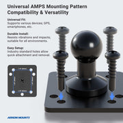 The Heavy-Duty Headrest Mount with 10 inch Arm features a black mounting plate with four pre-drilled AMPS-compatible holes, screws, and a spherical base—ideal for easy installation of tablet holders to boost rear passenger entertainment.