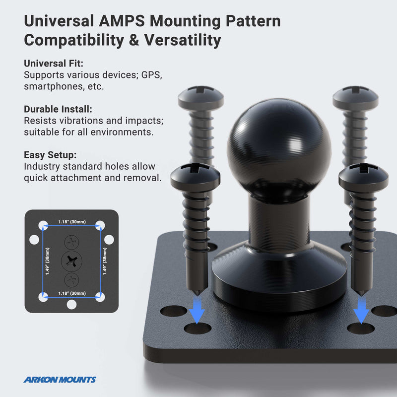 The Heavy-Duty Headrest Mount with 10 inch Arm features a black mounting plate with four pre-drilled AMPS-compatible holes, screws, and a spherical base—ideal for easy installation of tablet holders to boost rear passenger entertainment.