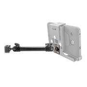 The Heavy-Duty Headrest Mount with 10 inch Arm (4-Hole AMPS Compatible) securely holds a tablet on a grayscale holder. Its adjustable arm attaches to the headrest, offering flexible positioning—ideal for rear passenger entertainment.