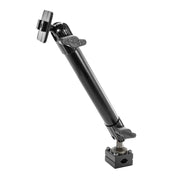 The Heavy-Duty Headrest Mounting Pedestal with 10 Arm is shown in black with clamps at both ends, ideal for rear seat entertainment. Arkon branding appears on the adjustment knobs against a white background.