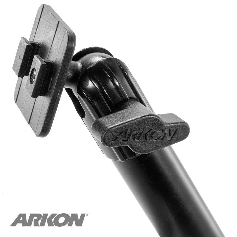 Close-up of the Heavy-Duty Headrest Mounting Pedestal with 10 Arm, featuring a black adjustable arm, joint, and rectangular base—ideal for rear seat entertainment. The Arkon logo is visible in the lower left corner.