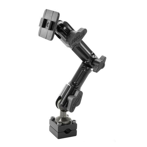 The Heavy-Duty Headrest Mounting Pedestal with Multi-Angle 8 Arm features a black aluminum build, multiple joints, locking knobs, and a square base—ideal for securely holding tablets or accessories in various positions.