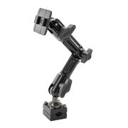 The Heavy-Duty Headrest Mounting Pedestal features a black aluminum design with a multi-angle 8 articulating arm, locking knobs, and square base—perfect as a universal tablet holder.