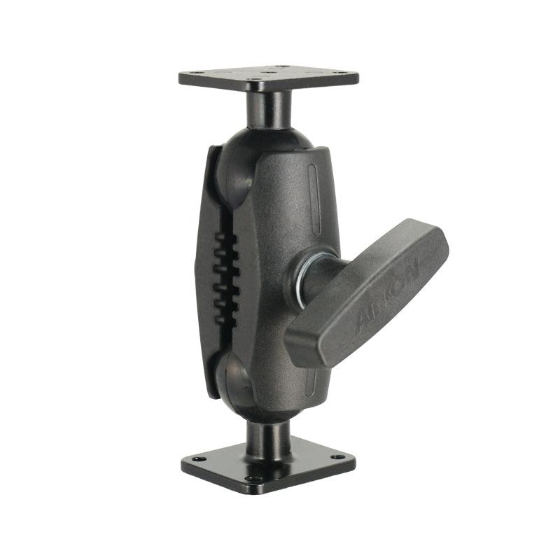 The Heavy-Duty Metal AMPS Mount - 38mm Ball Compatible is a black adjustable arm with a central locking handle and two rectangular plates, designed for secure equipment attachment using the 4-hole AMPS pattern.