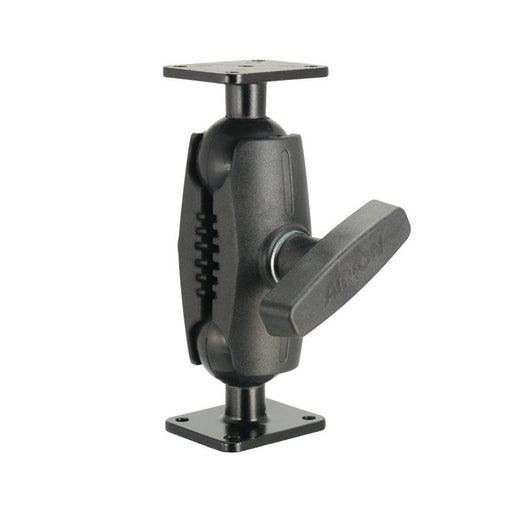 The Heavy-Duty Metal AMPS Mount - 38mm Ball Compatible is a black adjustable arm with a central locking handle and two rectangular plates, designed for secure equipment attachment using the 4-hole AMPS pattern.