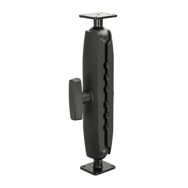 The Heavy Duty Metal AMPS Mounting Pedestal features a black adjustable arm with center knob and square 4-hole AMPS plates at both ends. Compatible with 38mm ball mounts, it securely positions devices and is built from durable metal.