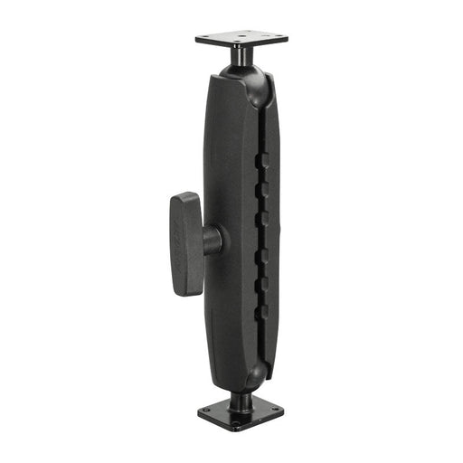 The Heavy Duty Metal AMPS Mounting Pedestal features a black adjustable arm with center knob and square 4-hole AMPS plates at both ends. Compatible with 38mm ball mounts, it securely positions devices and is built from durable metal.