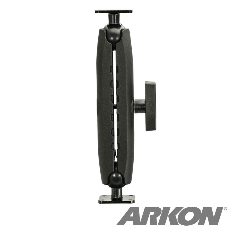 A Heavy Duty Metal AMPS Mounting Pedestal - 38mm Ball Compatible is shown vertically. It has a black adjustable arm with two joints, a side knob, and a metal drill base for secure installation. ARKON is in large gray letters at the bottom right.