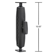 The Heavy Duty Metal AMPS Mounting Pedestal, featuring a 38mm ball and central knob, is shown vertically beside a measurement line indicating its 10.50-inch height for secure mounting.