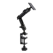 The Heavy-Duty Multi-Angle 4-Hole AMPS Clamp Mount with 8 Arm is a black adjustable mount with two joints, a flat 4-hole AMPS plate on top, and a table clamp base—perfect for securely holding equipment or tablets on any desk.