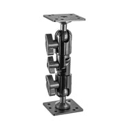The Heavy-Duty Multi-Angle AMPS Drill-Base Mounting Pedestal with AMPS Head is a black adjustable bracket with a 4-hole AMPS pattern, three locking knobs, and two square base plates for secure device or equipment mounting.