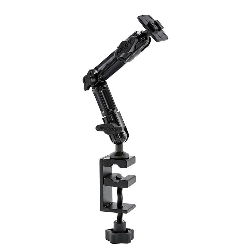 The Heavy-Duty Multi-Angle Clamp Mount with 8 inch Arm - Dual-T Compatible lets you securely attach cameras or lights to tables or desks with its multi-joint black arm and tightening knob.